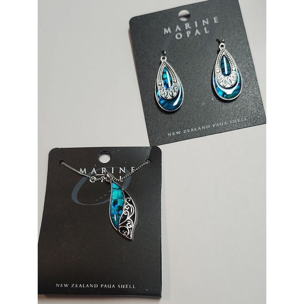 Marine Opal Blue Paua Shell Teardrop Earrings and Necklace
